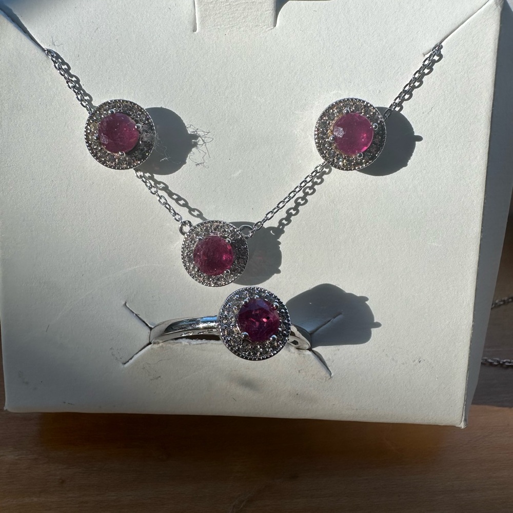 Ruby Pendant Necklace, Earrings and Ring Set